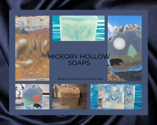 Mens luxury soap sampler featuring various unique and artistic soap designs from Hickory Hollow Soaps.