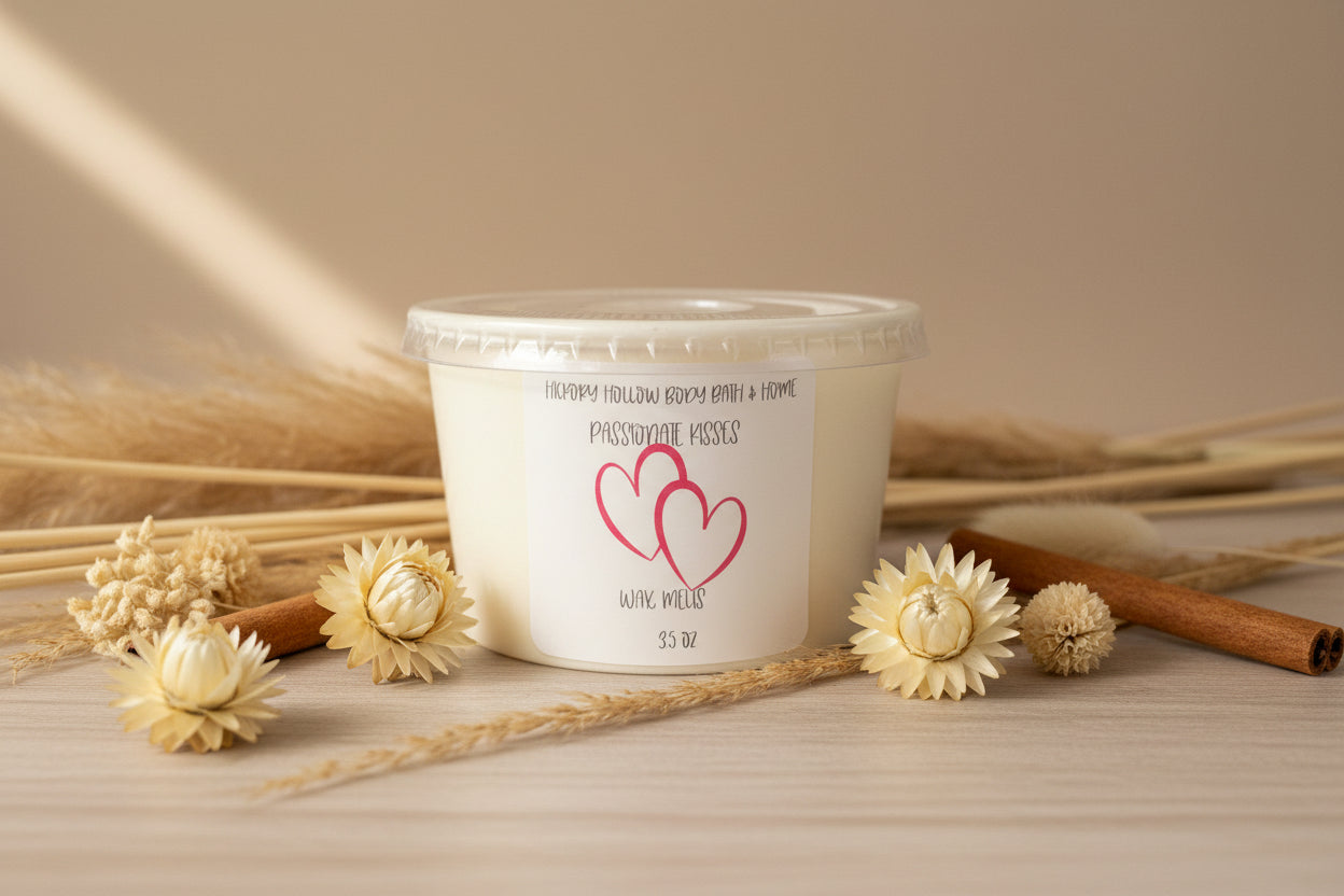 Passionate Kisses Wax Melts candle jar surrounded by decorative flowers and cinnamon sticks.