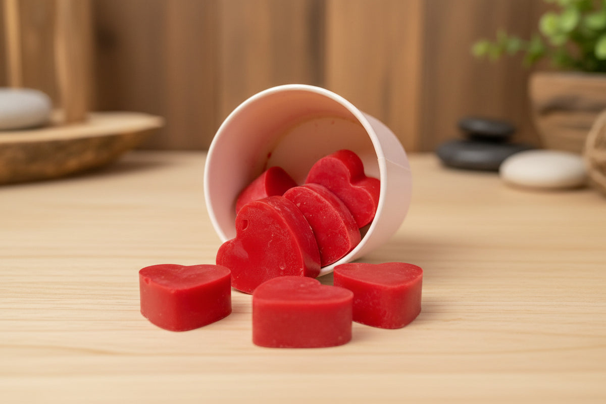 Passionate Kisses Wax Melts in heart shapes spilling from a cup on a wooden surface.
