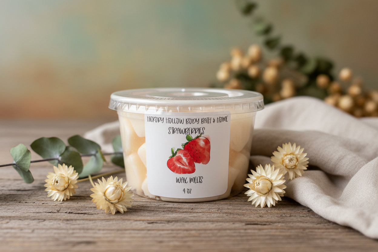 Strawberry Wax Melts tub with strawberries and flowers on wooden surface, fragrance that brings fresh berry aroma.