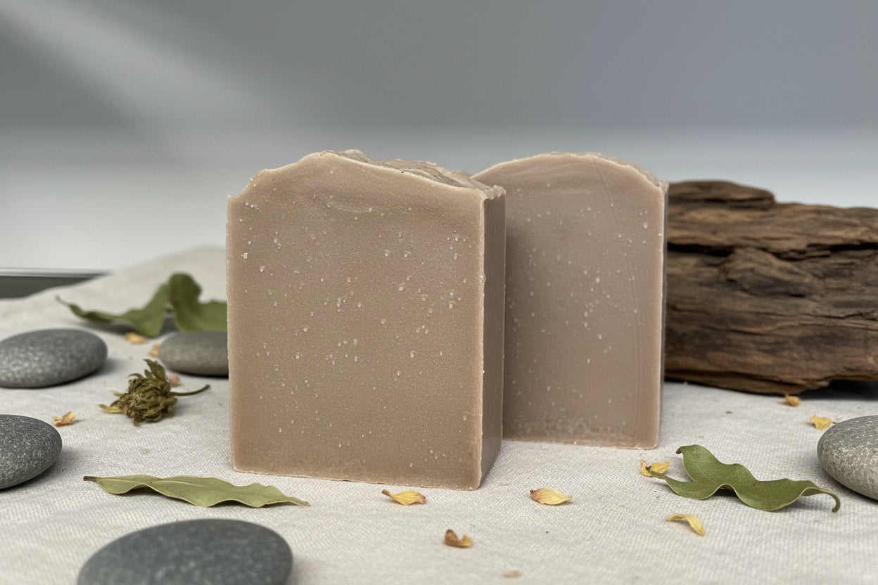 Sandalwood Tallow Soap displayed with stones and natural elements, showcasing its smooth texture and earthy color.