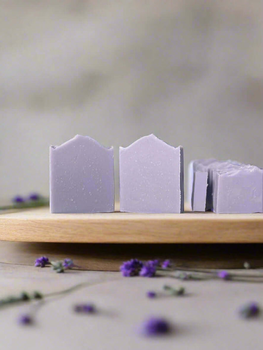 Lavender tallow skin care soap bars on a wooden plate with fresh lavender flowers, showcasing natural and soothing benefits.