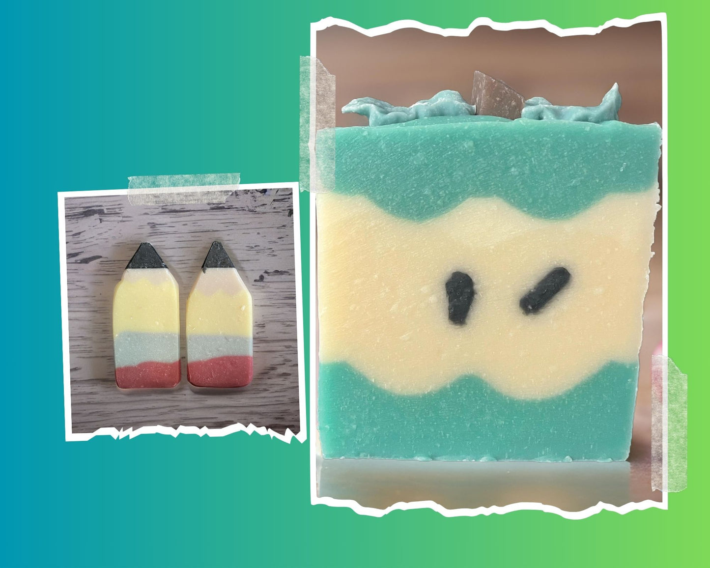 Teacher soap gift bundle featuring colorful pencil-shaped soaps and a blue wave design soap.