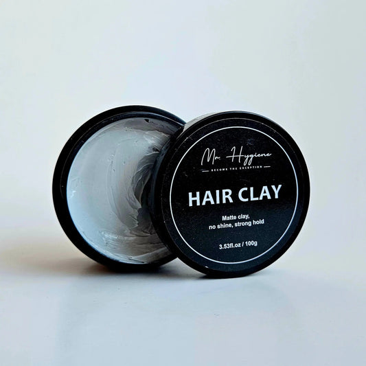 Matte Finish Hair Clay container showing strong hold and natural look for textured hairstyles.