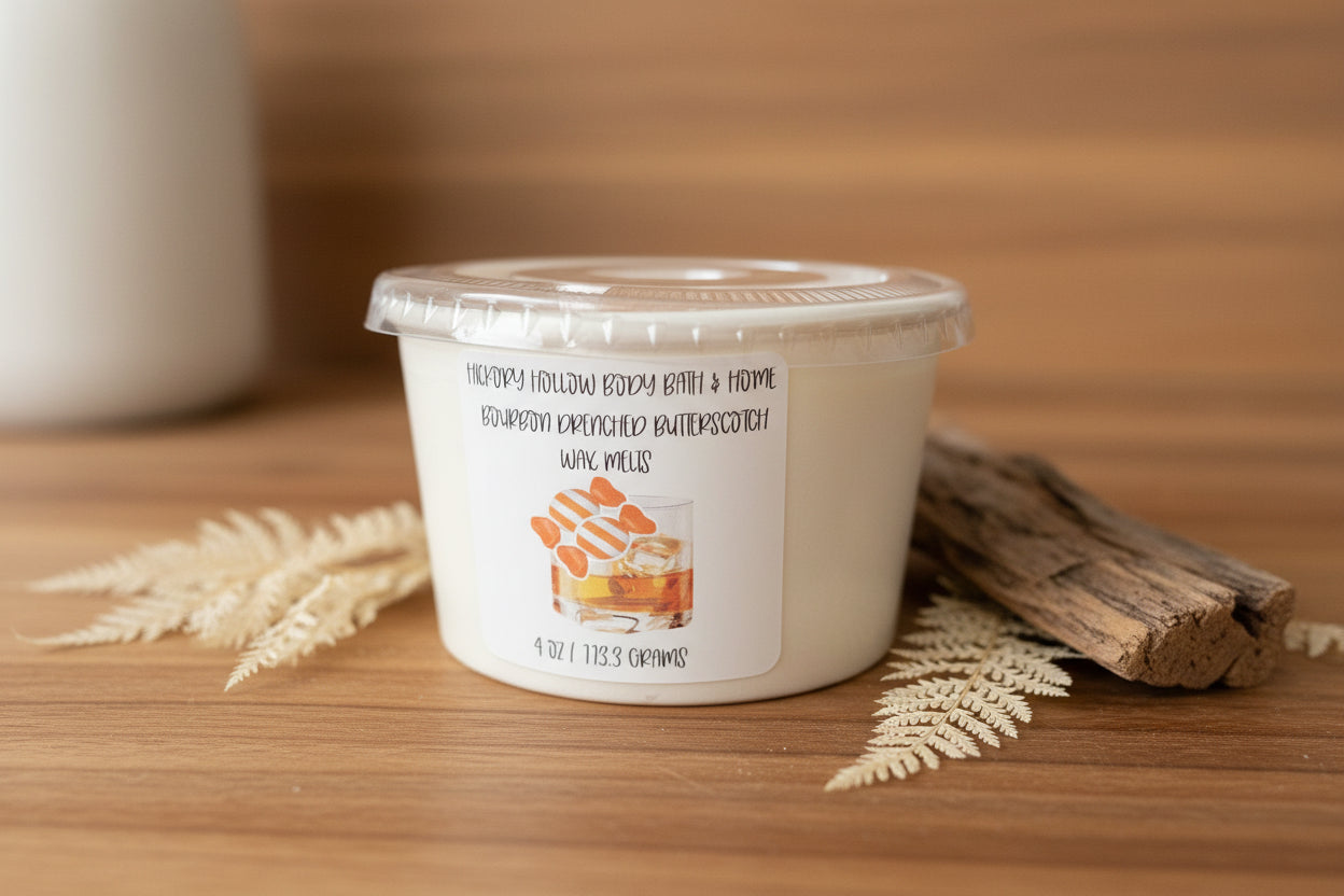 Bourbon N Butterscotch Wax Melts in a container, decorated with wood and foliage, evoking indulgent home fragrance.