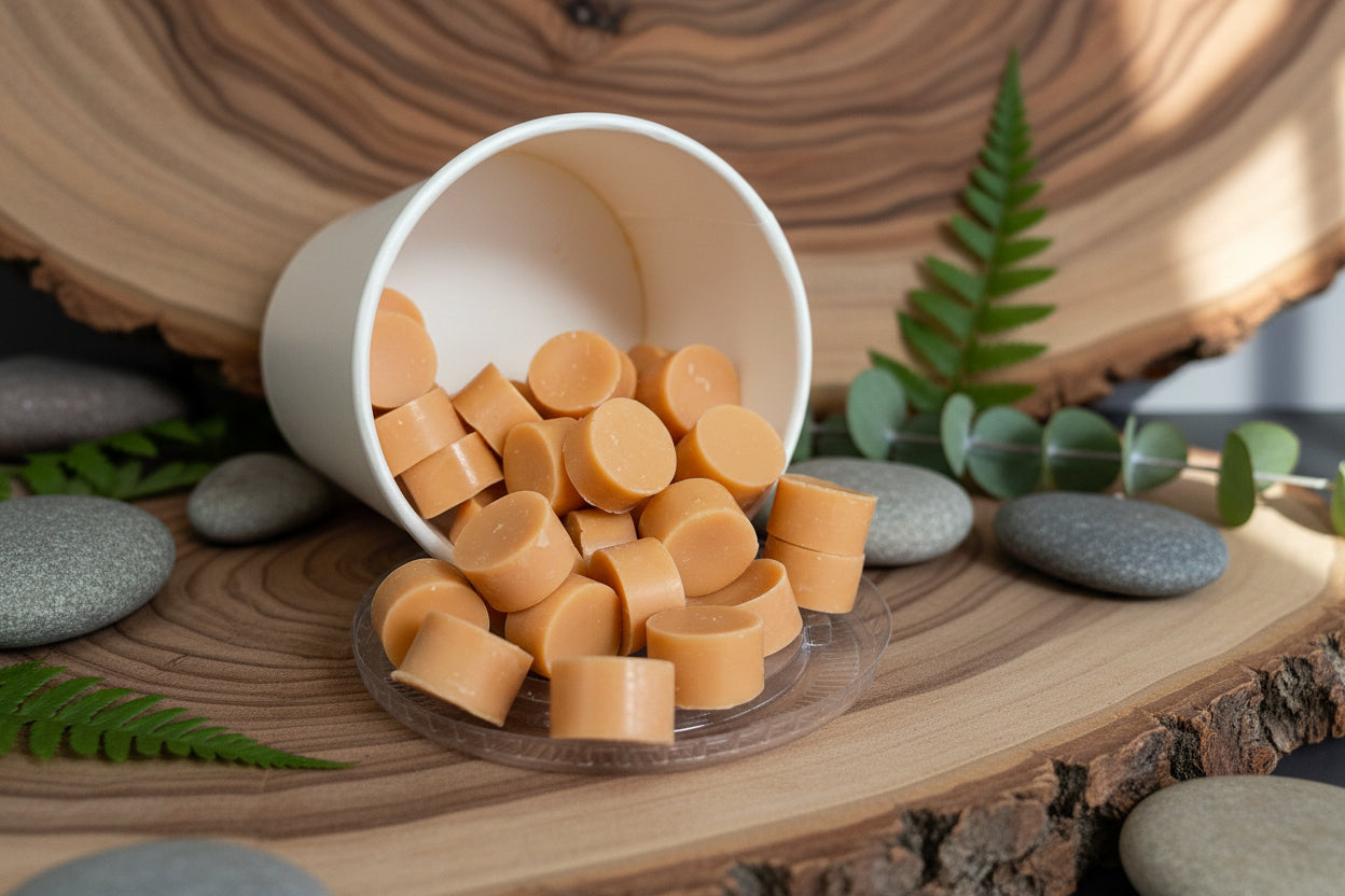 Bourbon N Butterscotch Wax Melts arranged on a wooden surface with pebbles and greenery.