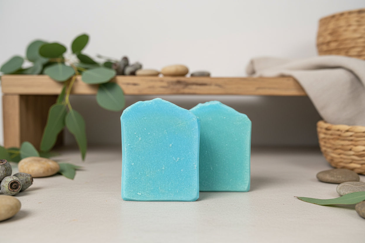 Eucalyptus Tallow Soap | Two blue bars of natural eucalyptus soap displayed on a wooden shelf with stones and greenery.