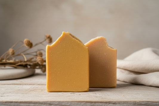 Orange Tallow Soap bar with a warm, cheerful color displayed on a wooden surface.