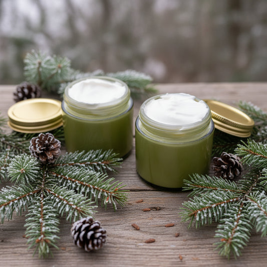 Fir and Frost Beard Butter jars surrounded by pine branches and cones, showcasing natural grooming essentials.