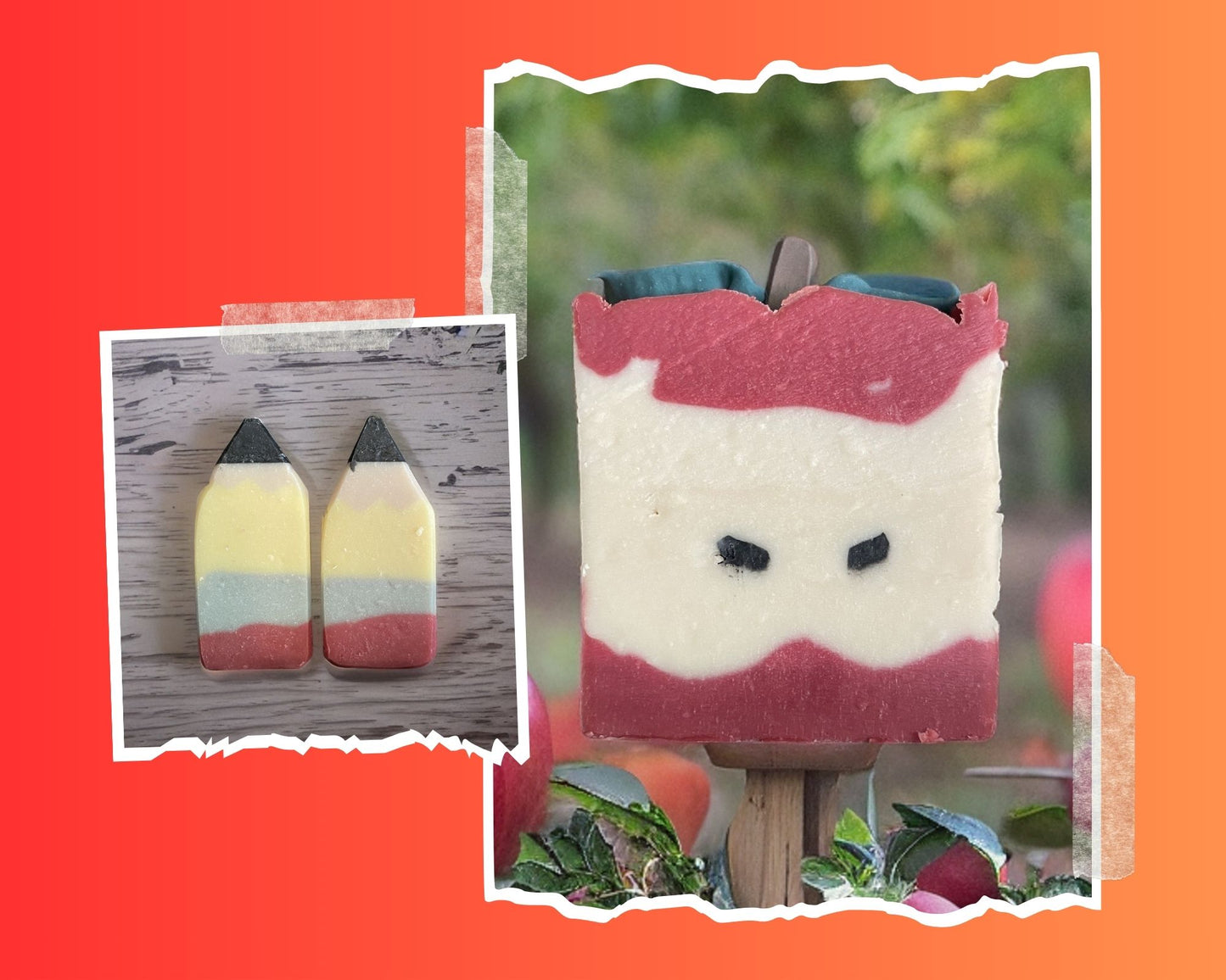 Teacher Soap Gift Bundle showcasing pencil and apple shaped soaps in vibrant colors.