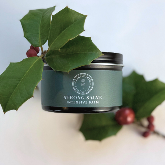 Strong Salve tallow-based balm for dry skin with holly leaves and red berries in the background.